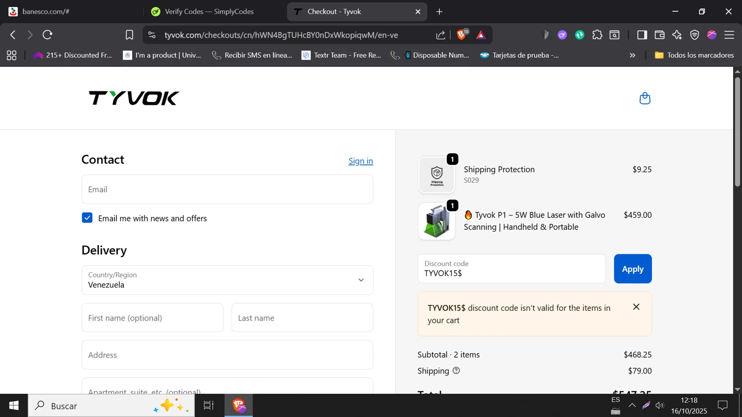 Tyvok Spider Laser promo code screenshot showing code TYVOK15$ applied at Tyvok Spider Laser checkout page. Uploaded by SimplyCodes community member DORIANGEL on Oct 16, 2025