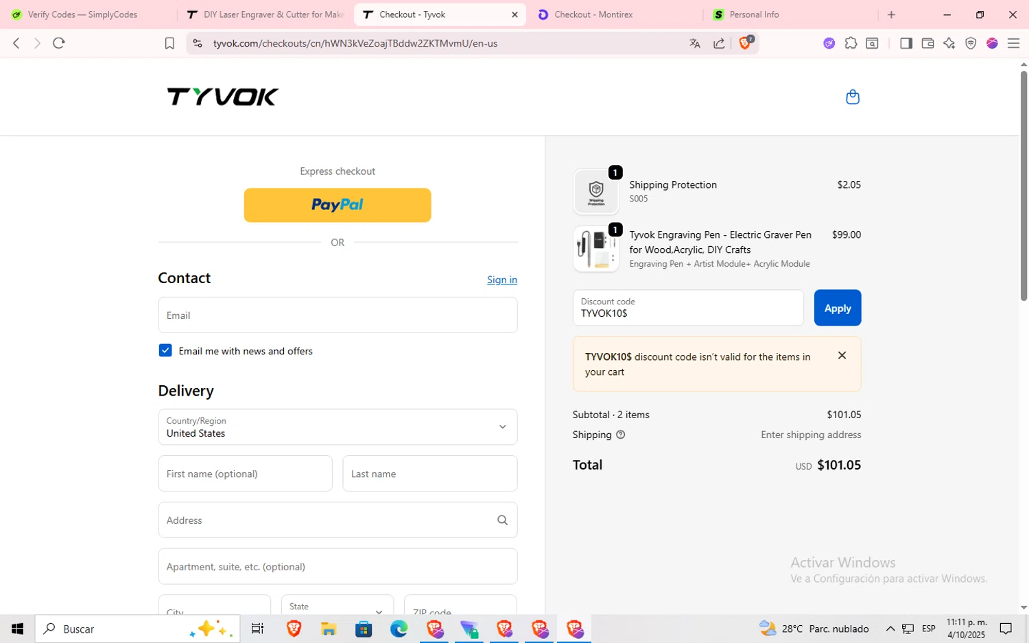 Tyvok Spider Laser promo code screenshot showing code TYVOK10$ applied at Tyvok Spider Laser checkout page. Uploaded by SimplyCodes community member Jsjsjsjsjsjsjs on Oct 5, 2025