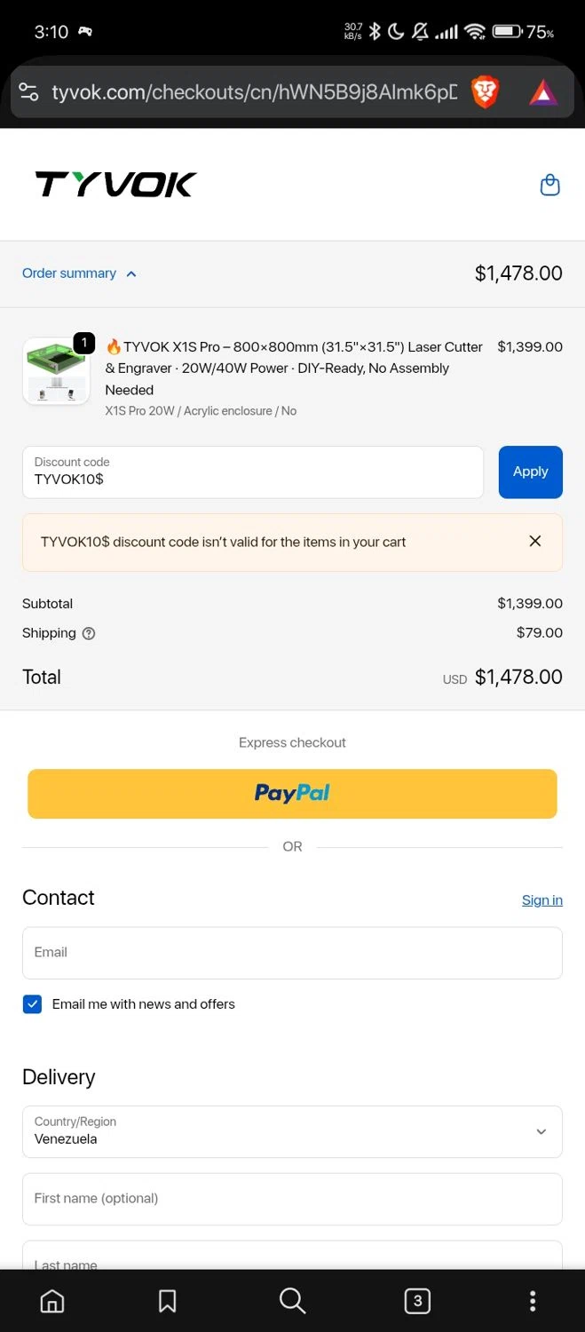 Tyvok Spider Laser promo code screenshot showing code TYVOK10$ applied at Tyvok Spider Laser checkout page. Uploaded by SimplyCodes community member RebateShopper5497 on Nov 11, 2025