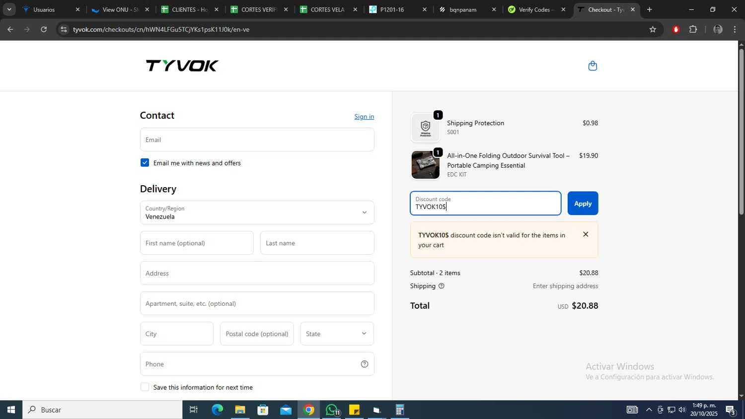Tyvok Spider Laser promo code screenshot showing code TYVOK10$ applied at Tyvok Spider Laser checkout page. Uploaded by SimplyCodes community member morel09 on Oct 20, 2025