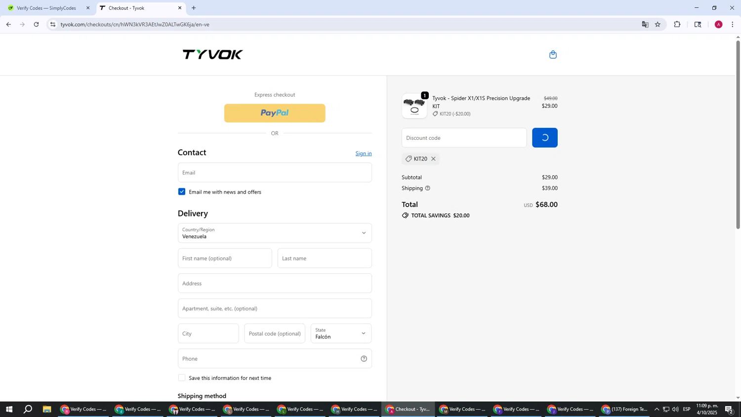 Tyvok Spider Laser promo code screenshot showing code kit20 applied at Tyvok Spider Laser checkout page. Uploaded by SimplyCodes community member BMWGS1200 on Oct 5, 2025