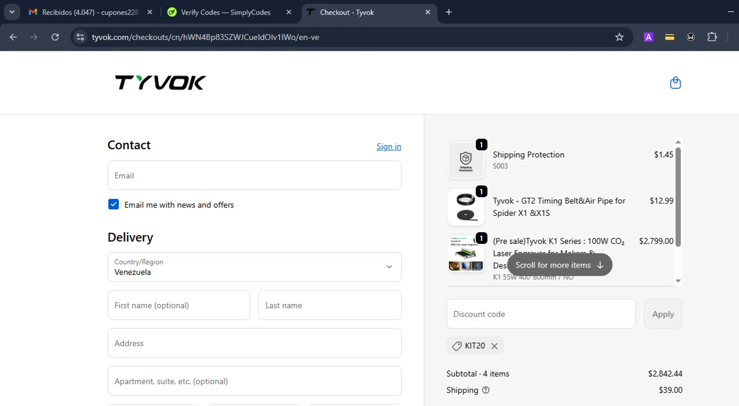 Tyvok Spider Laser promo code screenshot showing code kit20 applied at Tyvok Spider Laser checkout page. Uploaded by SimplyCodes community member Eduard on Oct 16, 2025