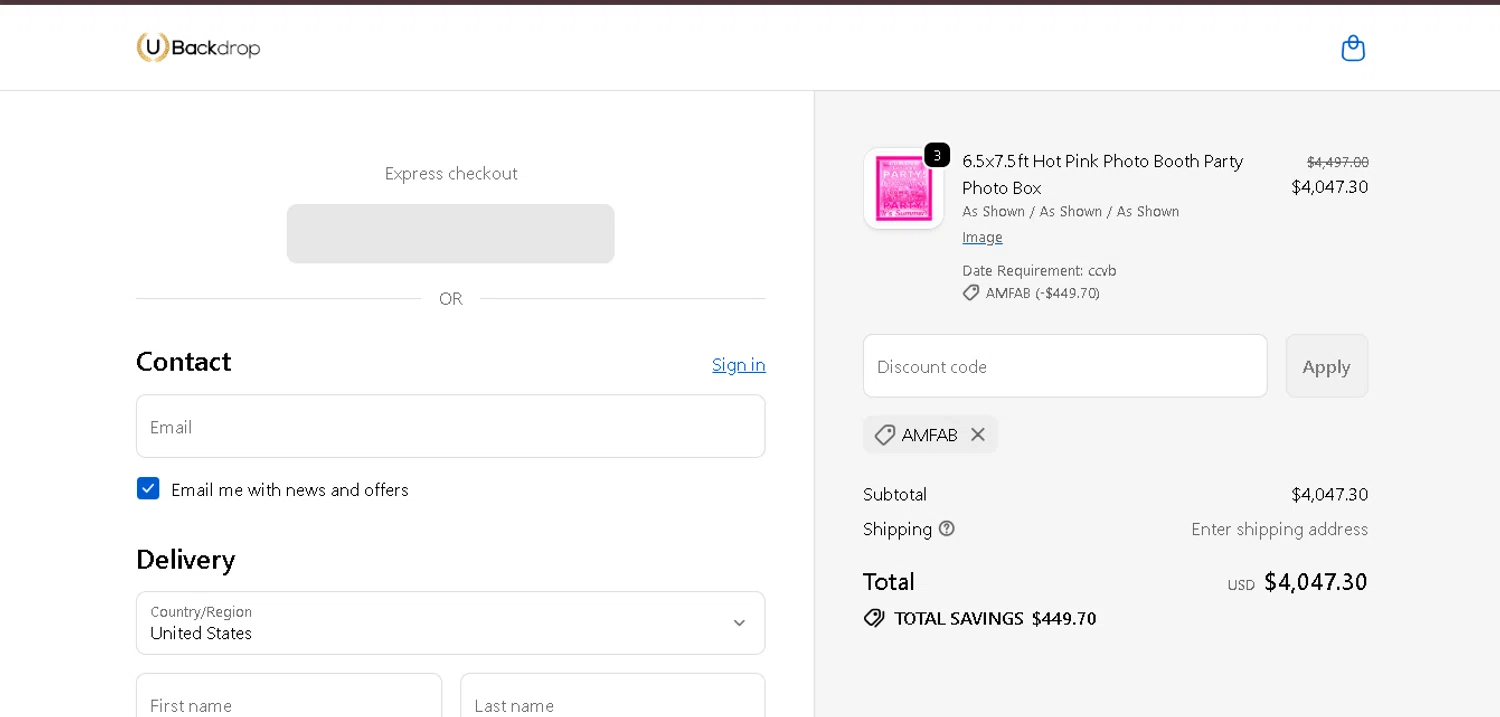 UBackdrop promo code screenshot showing code AMFAB applied at UBackdrop checkout page. Uploaded by SimplyCodes community member ValiantMaverick169 on Jan 8, 2026