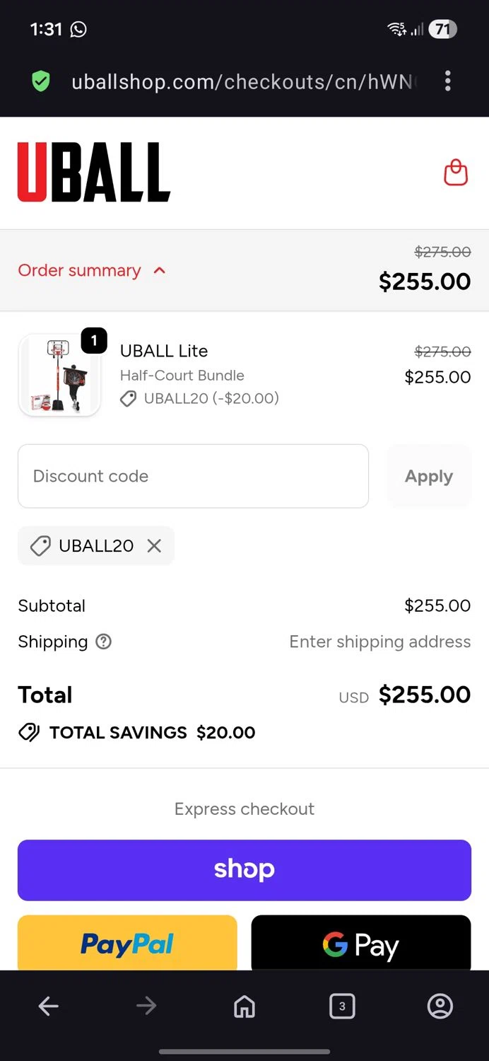 UBALL promo code screenshot showing code Uball20 applied at UBALL checkout page. Uploaded by SimplyCodes community member BB9542251456527 on May 14, 2026