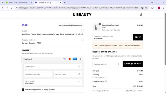 U Beauty checkout page showing U Beauty discount code box | Screenshot taken by SimplyCodes community member on Sep 13, 2025