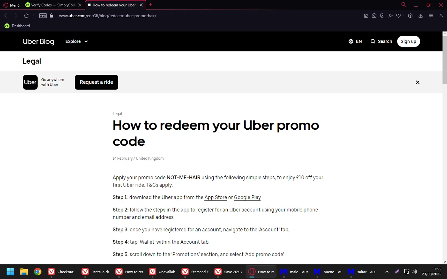 Uber promo code screenshot showing code NOT-ME-HAIR applied at Uber checkout page. Uploaded by SimplyCodes community member Purureche on Aug 23, 2025