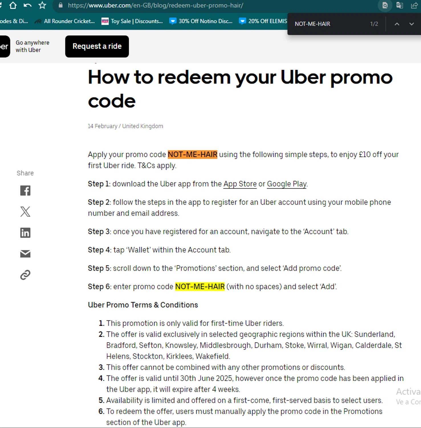Uber promo code screenshot showing code NOT-ME-HAIR applied at Uber checkout page. Uploaded by SimplyCodes community member RoyalPhoenix6244 on Aug 12, 2025