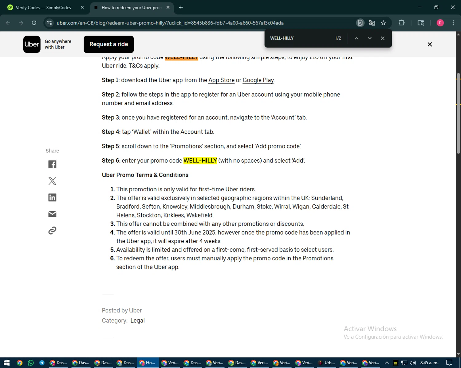 Uber promo code screenshot showing code WELL-HILLY applied at Uber checkout page. Uploaded by SimplyCodes community member MoneySeeker7165 on Aug 25, 2025