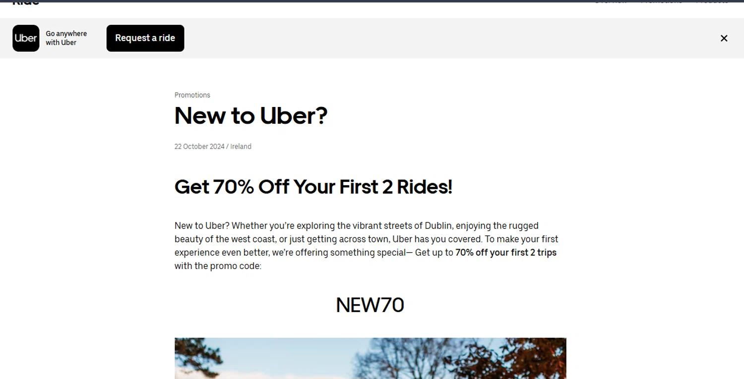 Uber promo code screenshot showing code NEW70 applied at Uber checkout page. Uploaded by SimplyCodes community member Gaby04 on Aug 27, 2025