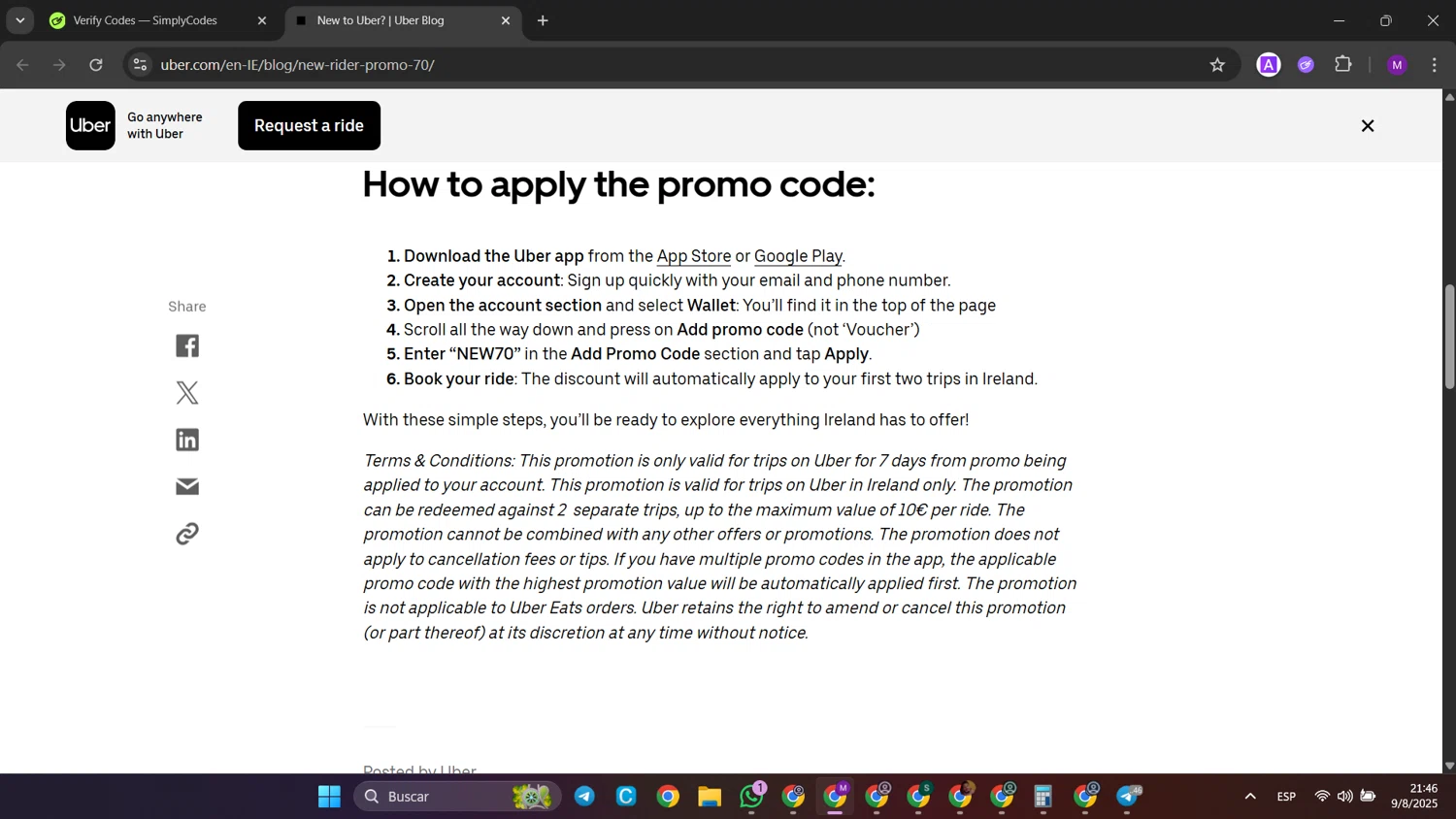 Uber promo code screenshot showing code NEW70 applied at Uber checkout page. Uploaded by SimplyCodes community member jinwoo on Aug 10, 2025