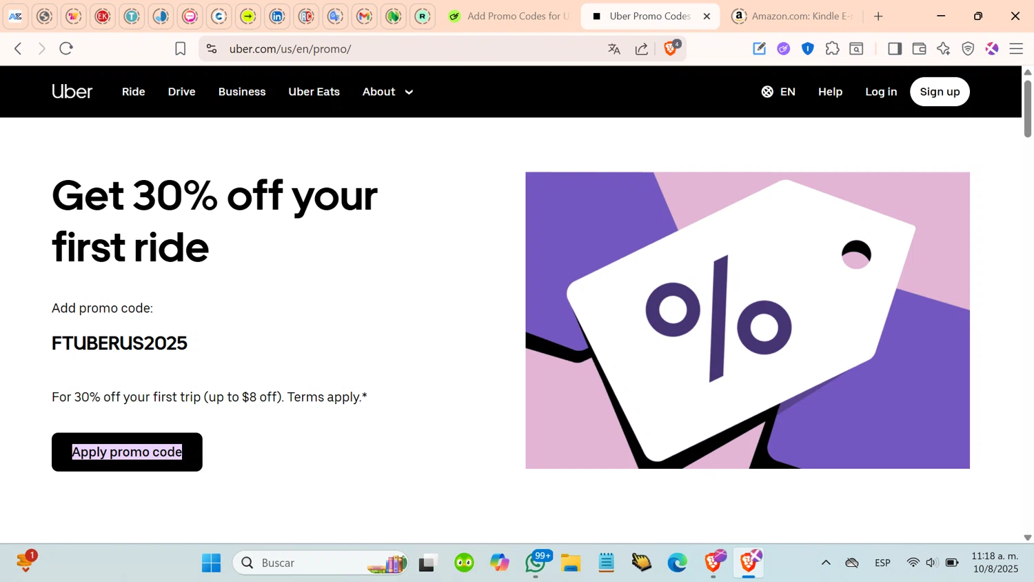 Uber promo code screenshot showing code FTUBERUS2025 applied at Uber checkout page. Uploaded by SimplyCodes community member cosita on Aug 10, 2025