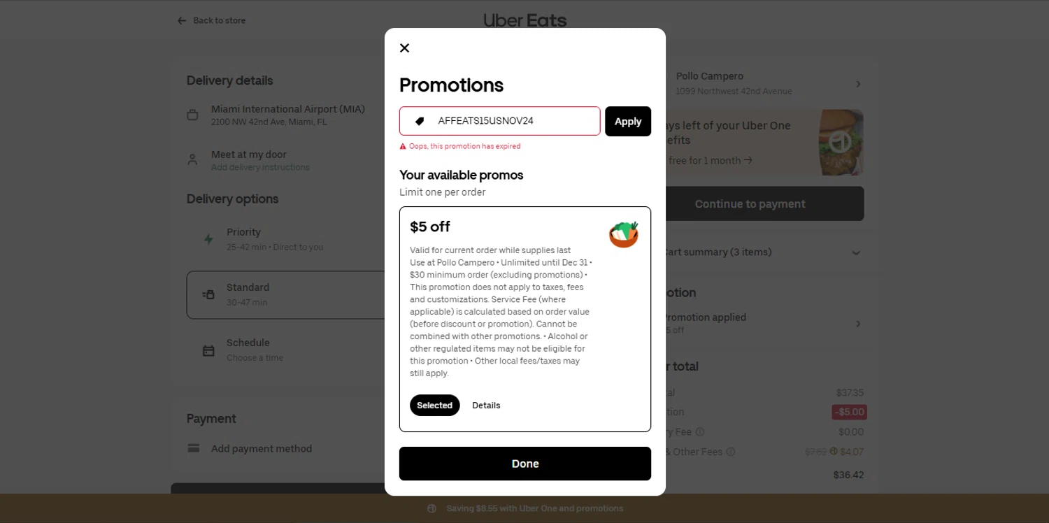 Uber Eats promo code screenshot showing code affeats15usnov24 applied at Uber Eats checkout page. Uploaded by SimplyCodes community member _Capi_ on Aug 23, 2025