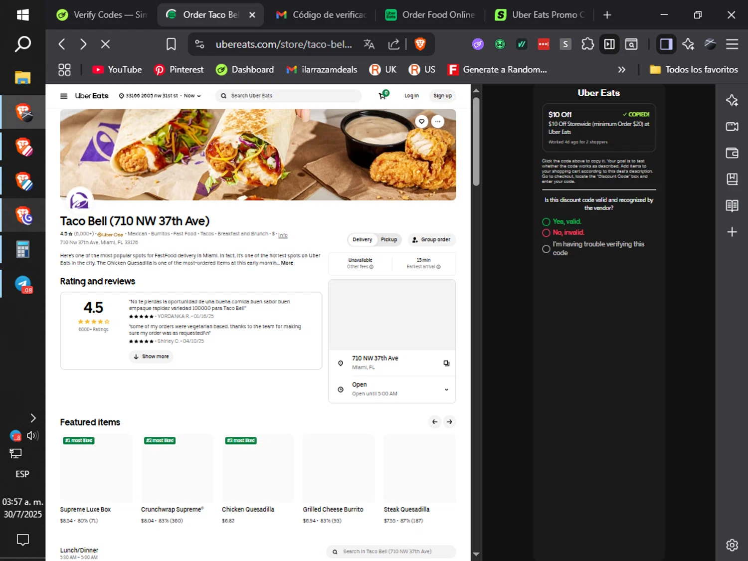 Uber Eats promo code screenshot showing code affeats10usjul25 applied at Uber Eats checkout page. Uploaded by SimplyCodes community member ilaMiguel on Jul 30, 2025