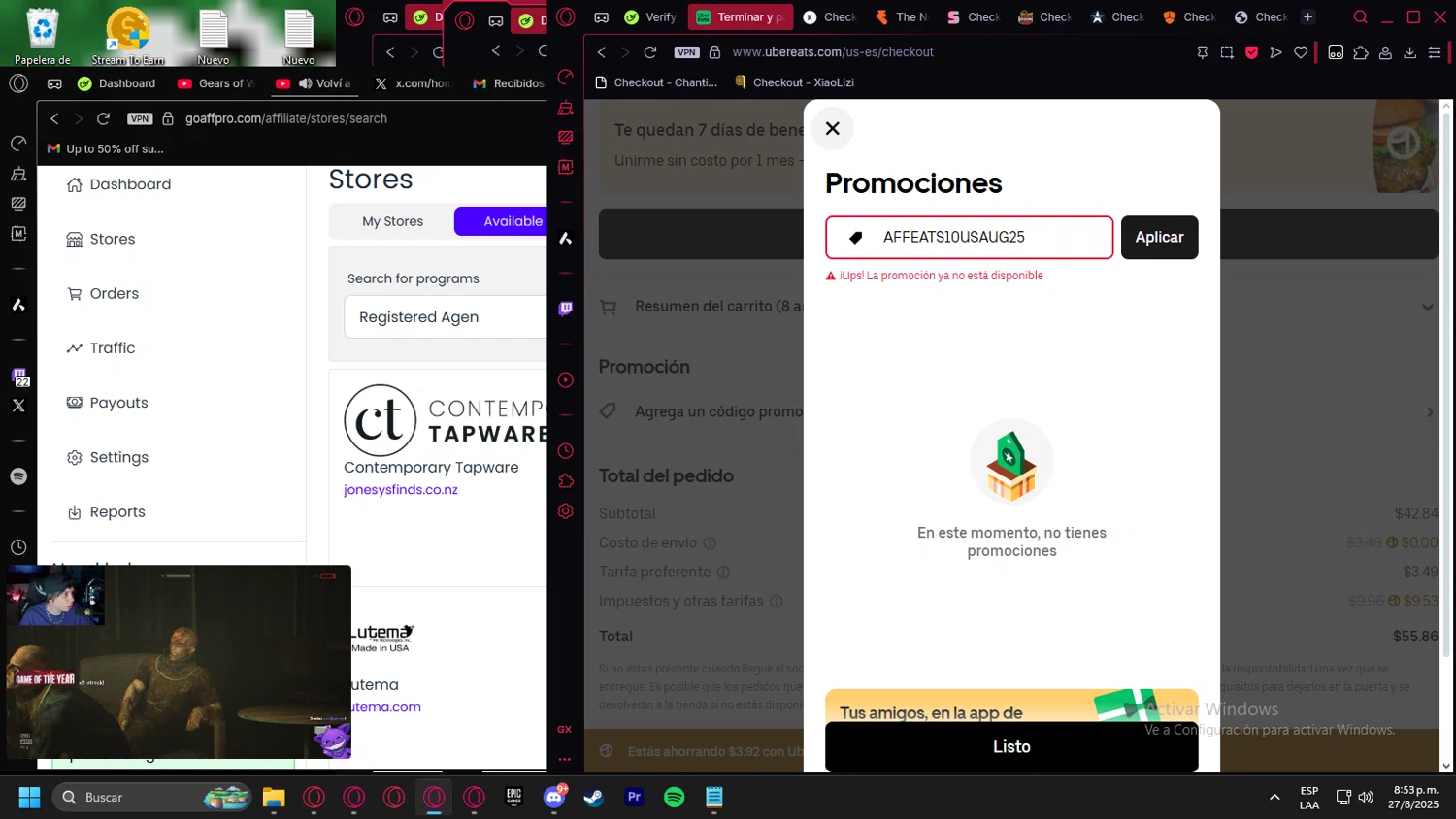 Uber Eats promo code screenshot showing code affeats10usAUG25 applied at Uber Eats checkout page. Uploaded by SimplyCodes community member Halanweik on Aug 28, 2025