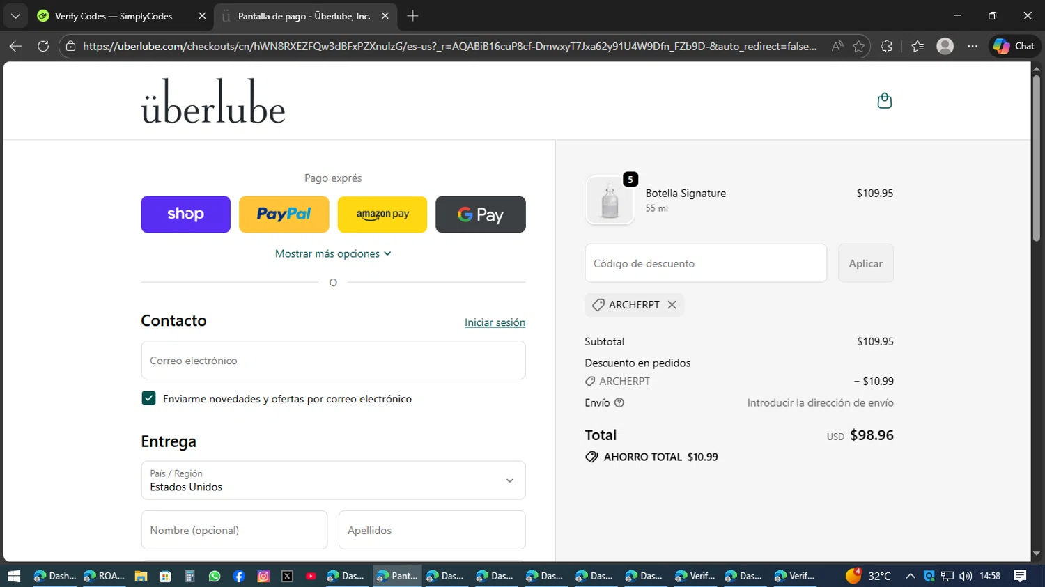 Uberlube checkout page showing Uberlube discount code box | Screenshot taken by SimplyCodes community member on Feb 5, 2026
