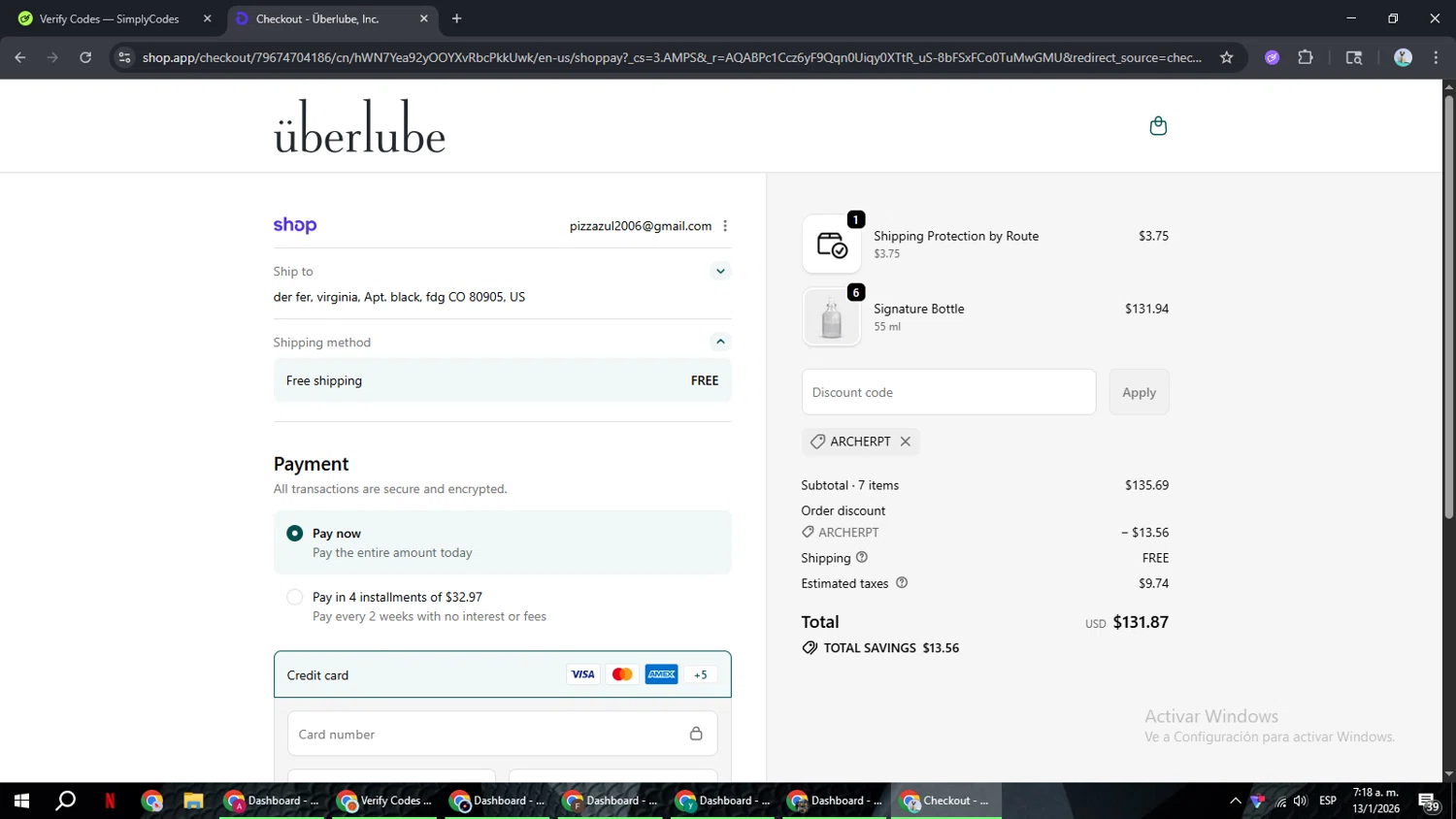 Uberlube discount code screenshot showing code ARCHERPT applied at Uberlube checkout page. Uploaded by SimplyCodes community member ShrewdSeeker6165 on Jan 13, 2026