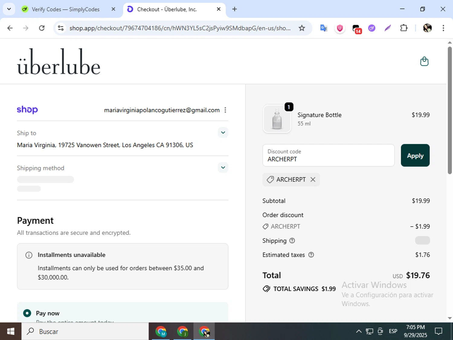 Uberlube discount code screenshot showing code ARCHERPT applied at Uberlube checkout page. Uploaded by SimplyCodes community member mariapolancog on Sep 29, 2025