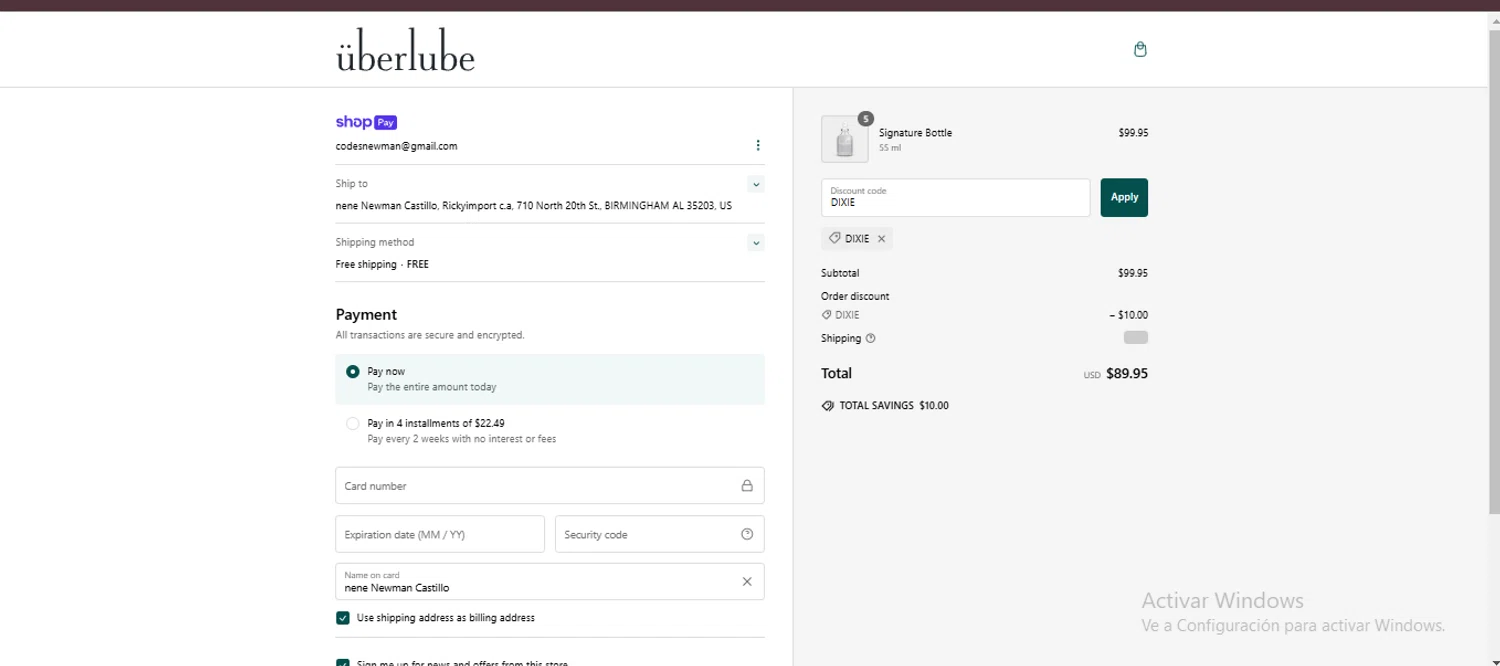 Uberlube discount code screenshot showing code DIXIE applied at Uberlube checkout page. Uploaded by SimplyCodes community member QuestSeeker7732 on Jan 30, 2025