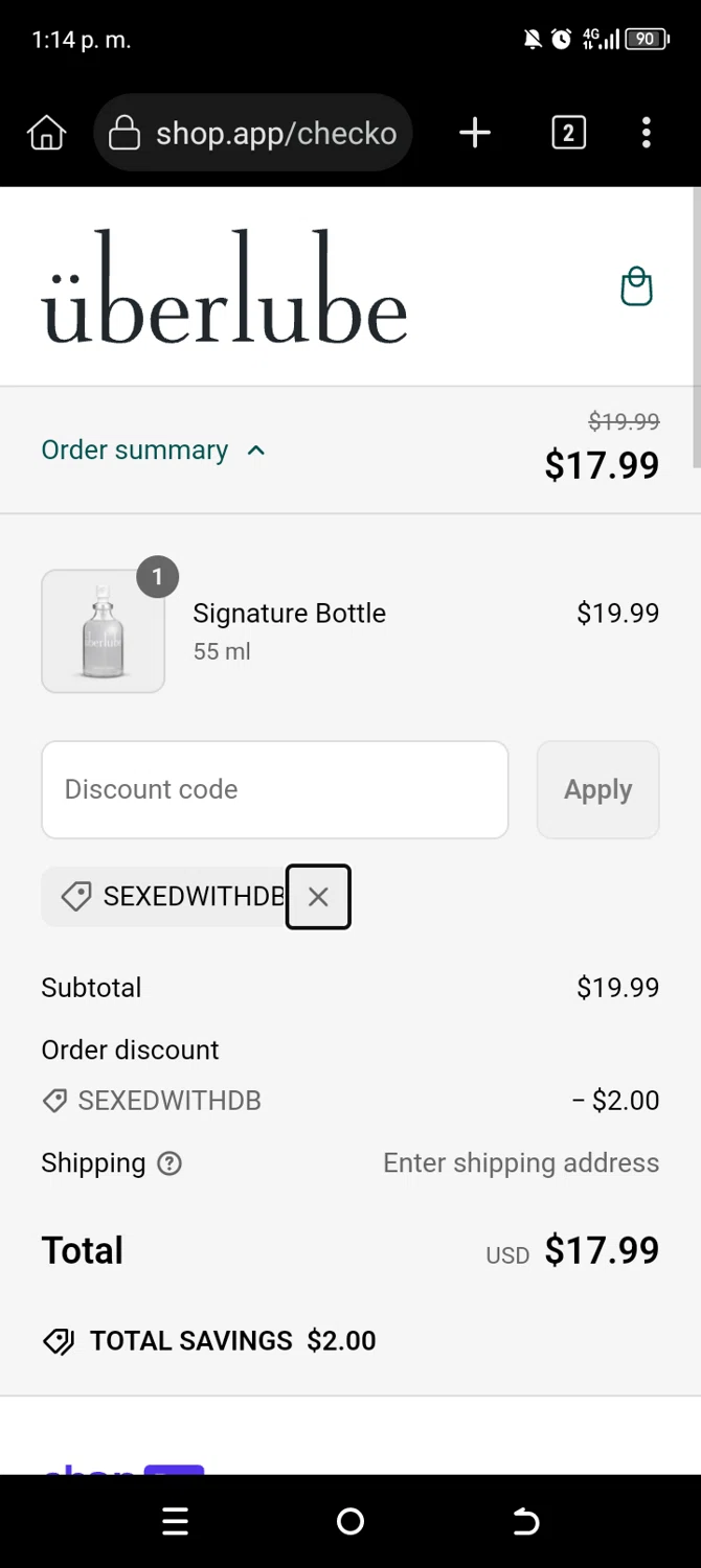 Uberlube discount code screenshot showing code SEXEDWITHDB applied at Uberlube checkout page. Uploaded by SimplyCodes community member Usuario_simply on Mar 6, 2025