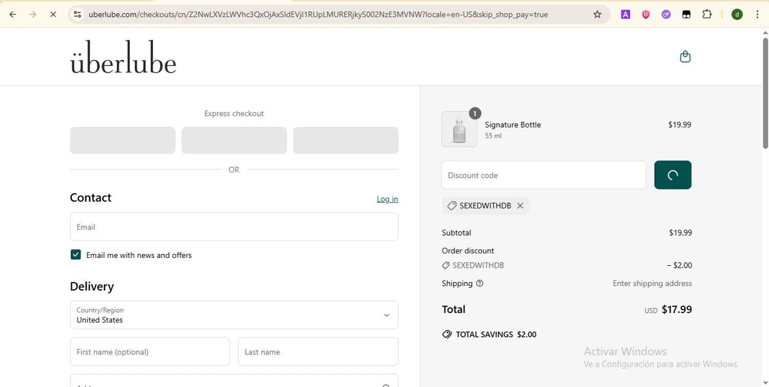 Uberlube discount code screenshot showing code SEXEDWITHDB applied at Uberlube checkout page. Uploaded by SimplyCodes community member SmartTitan8055 on May 29, 2025