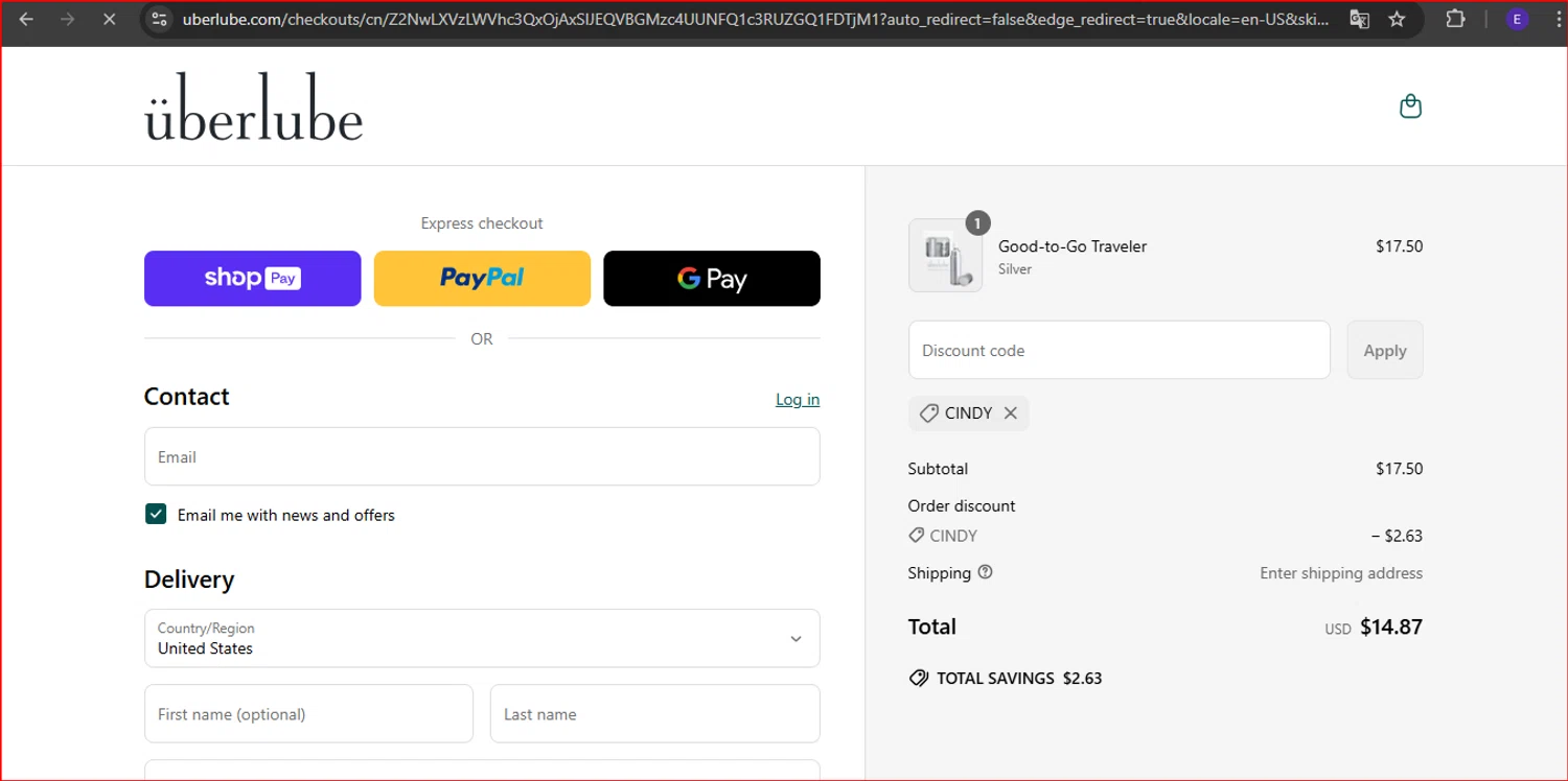 Uberlube discount code screenshot showing code CINDY applied at Uberlube checkout page. Uploaded by SimplyCodes community member TokenNavigator8970 on Apr 9, 2025