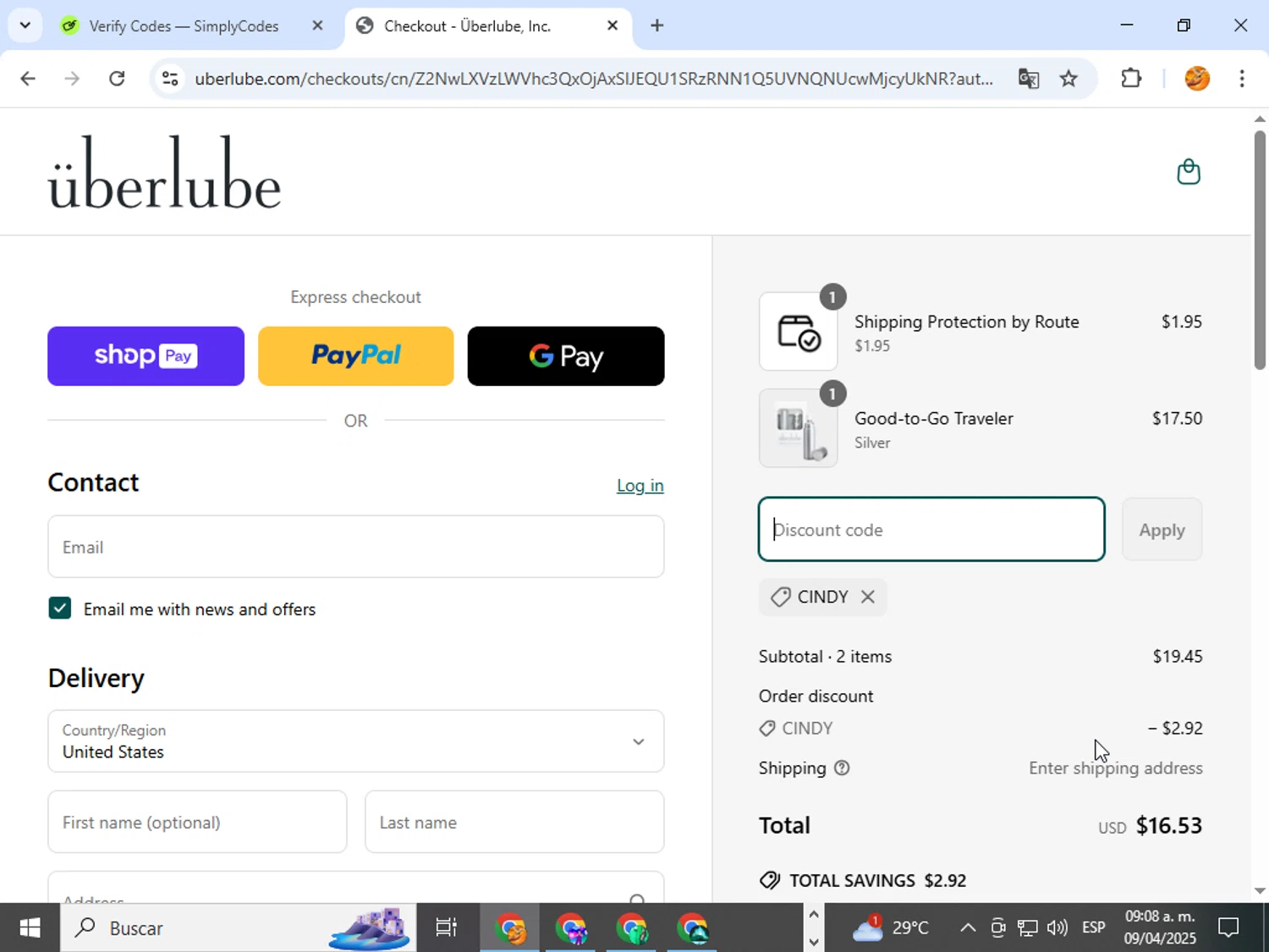 Uberlube discount code screenshot showing code CINDY applied at Uberlube checkout page. Uploaded by SimplyCodes community member ingri96 on Apr 9, 2025