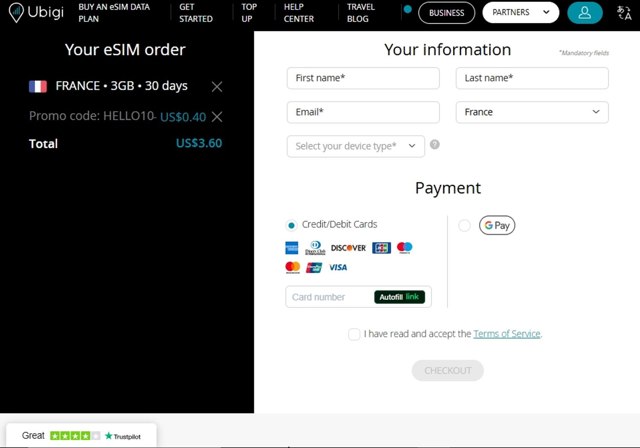 Ubigi eSIM checkout page showing Ubigi eSIM promo code box | Screenshot taken by SimplyCodes community member on Jul 26, 2025