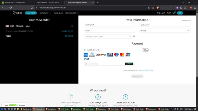 Ubigi eSIM checkout page showing Ubigi eSIM promo code box | Screenshot taken by SimplyCodes community member on Aug 2, 2025