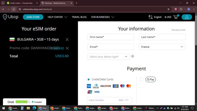 Ubigi eSIM checkout page showing Ubigi eSIM promo code box | Screenshot taken by SimplyCodes community member on Aug 26, 2025