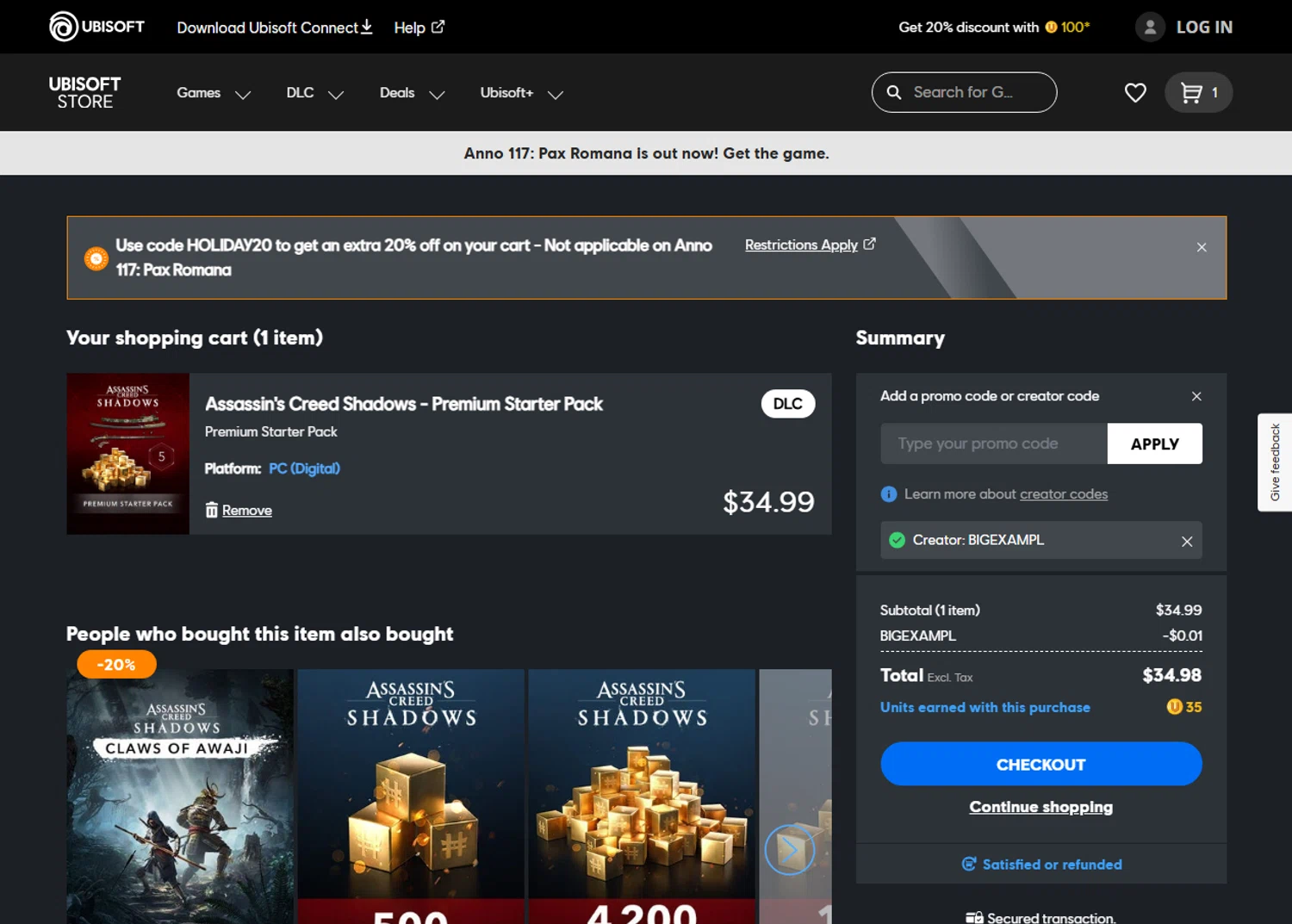 Ubisoft promo code screenshot showing code BIGEXAMPL applied at Ubisoft checkout page. Uploaded by SimplyCodes community member BrilliantGenius7871 on Nov 14, 2025