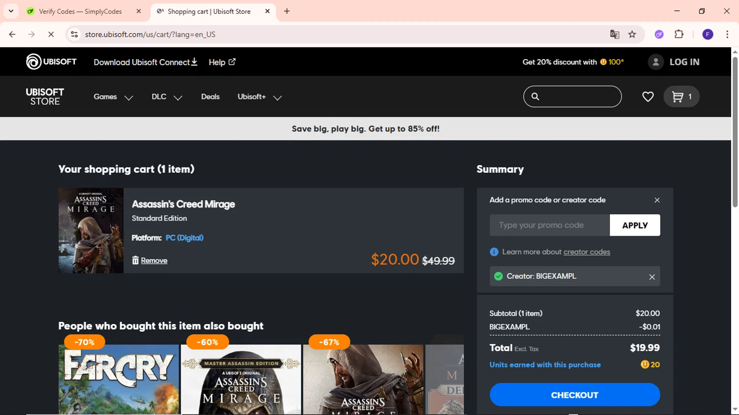 Ubisoft promo code screenshot showing code BIGEXAMPL applied at Ubisoft checkout page. Uploaded by SimplyCodes community member MightyCaptain635 on Jan 27, 2026