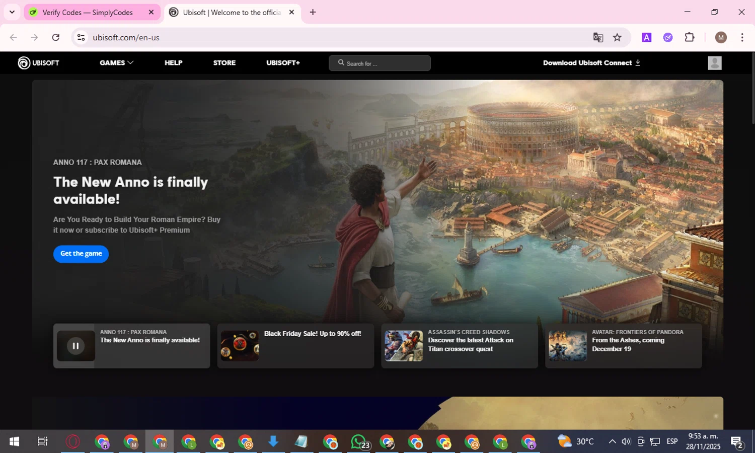 Ubisoft promo code screenshot showing code DREGGAS13 applied at Ubisoft checkout page. Uploaded by SimplyCodes community member FrugalGuardian6154 on Nov 28, 2025