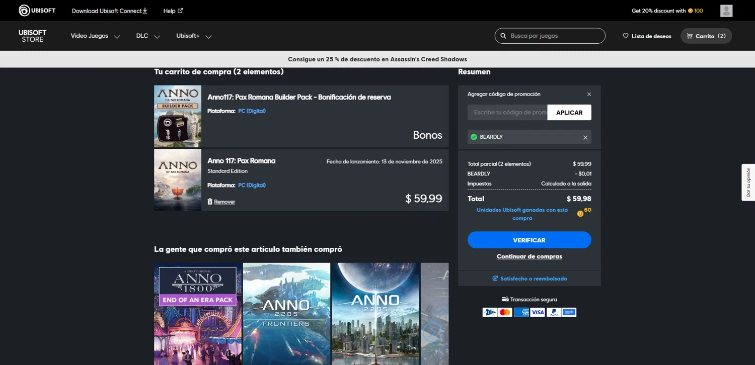 Ubisoft promo code screenshot showing code BEARDLY applied at Ubisoft checkout page. Uploaded by SimplyCodes community member __________ on Jun 24, 2025
