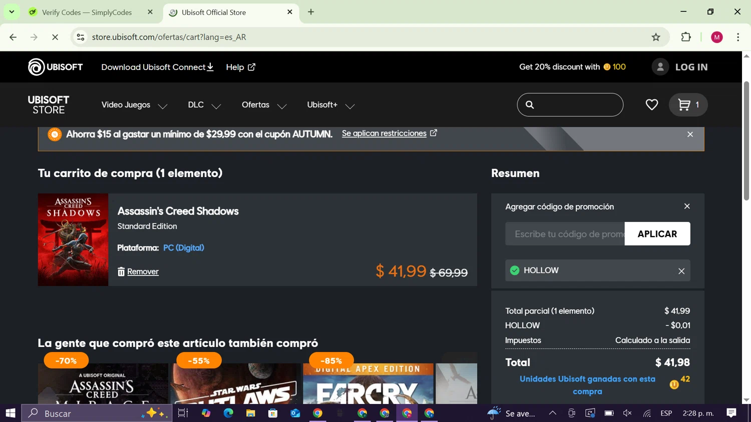 Ubisoft promo code screenshot showing code HOLLOW applied at Ubisoft checkout page. Uploaded by SimplyCodes community member CouponAce9216 on Sep 15, 2025