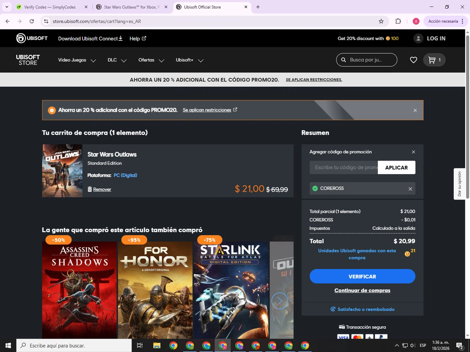 Ubisoft checkout page showing Ubisoft promo code box | Screenshot taken by SimplyCodes community member on Feb 18, 2026