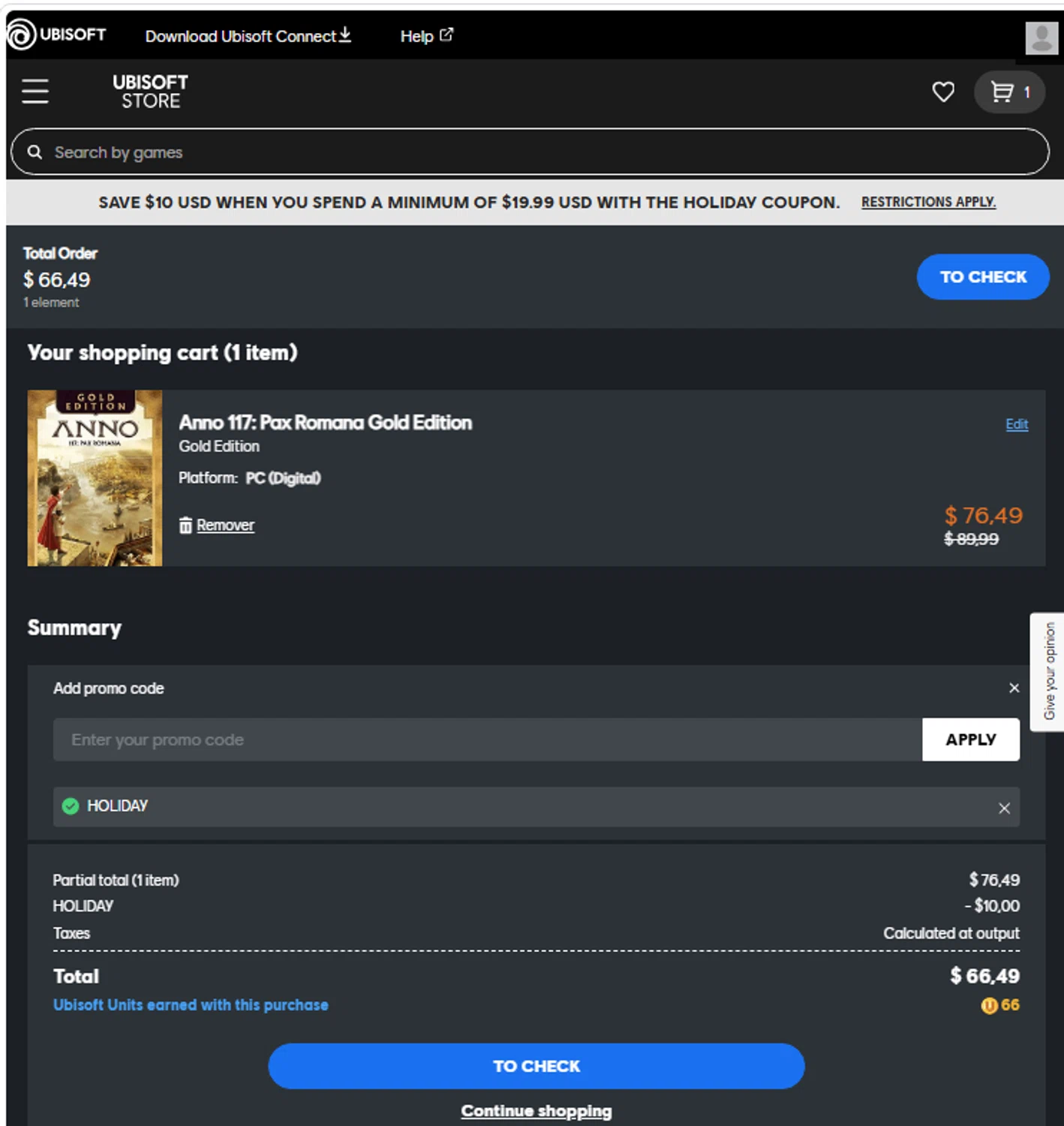 Ubisoft promo code screenshot showing code HOLIDAY applied at Ubisoft checkout page. Uploaded by SimplyCodes community member Menotii23 on Dec 25, 2025