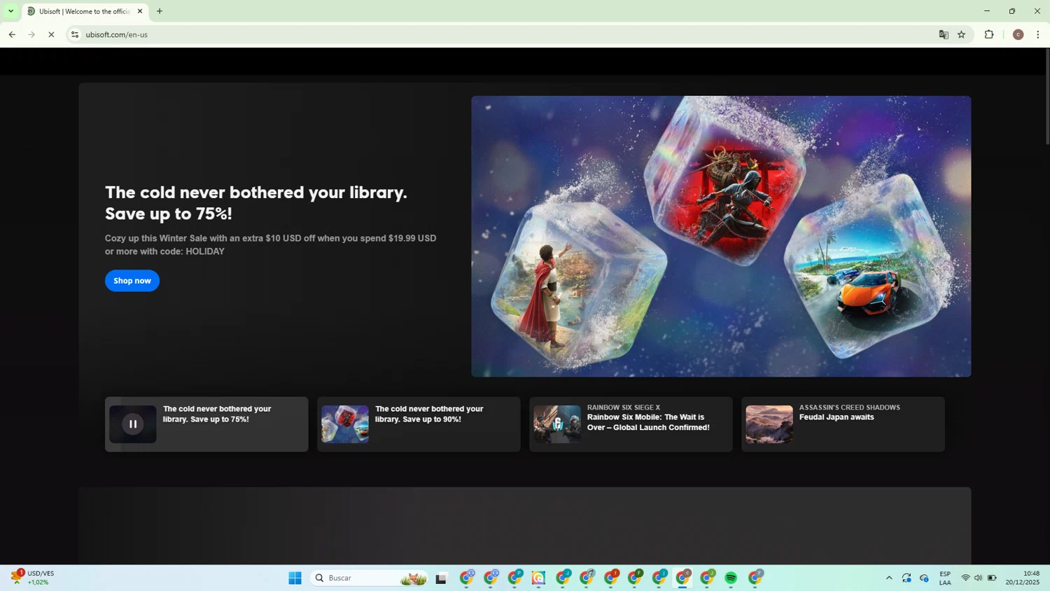 Ubisoft promo code screenshot showing code HOLIDAY applied at Ubisoft checkout page. Uploaded by SimplyCodes community member RomeoSantos on Dec 20, 2025