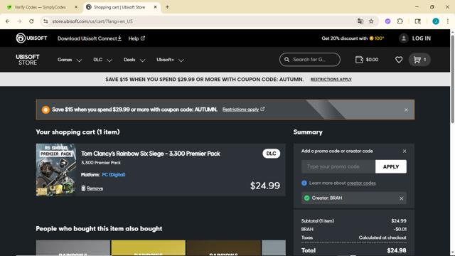 Ubisoft Store checkout page showing Ubisoft Store promo code box | Screenshot taken by SimplyCodes community member on Sep 24, 2025