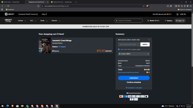 Ubisoft Store checkout page showing Ubisoft Store promo code box | Screenshot taken by SimplyCodes community member on Aug 8, 2025