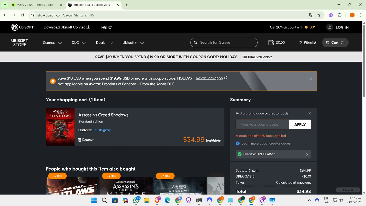 Ubisoft Store promo code screenshot showing code DREGGAS13 applied at Ubisoft Store checkout page. Uploaded by SimplyCodes community member ArtPOPO on Dec 23, 2025