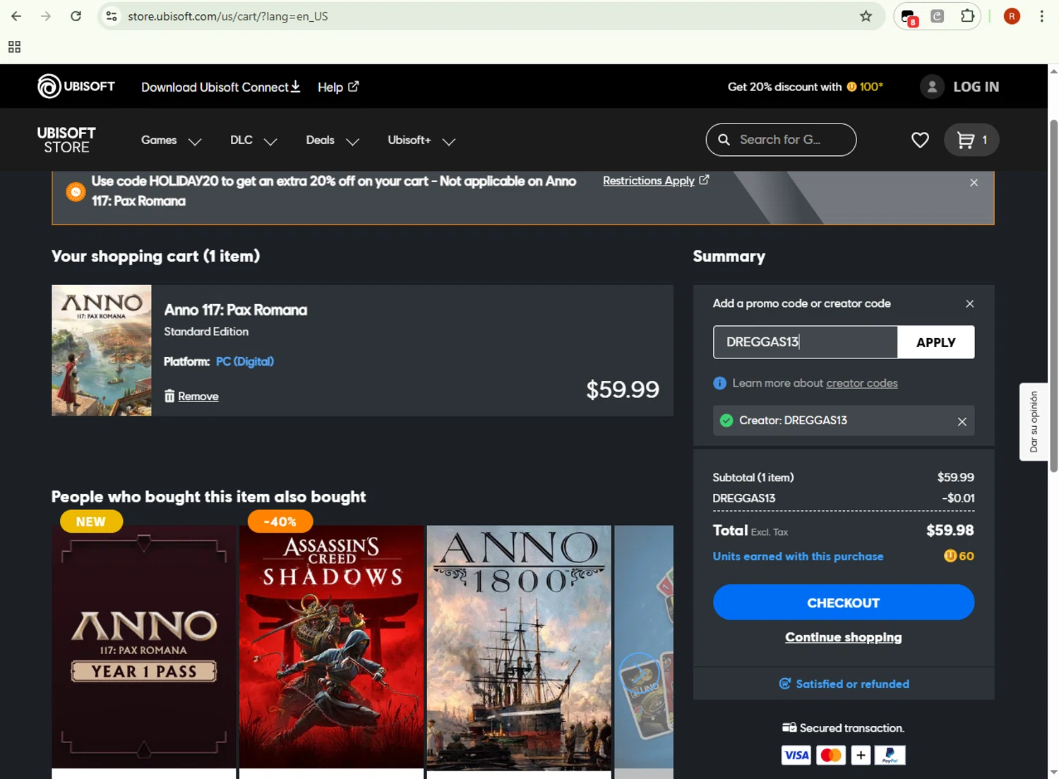 Ubisoft Store promo code screenshot showing code DREGGAS13 applied at Ubisoft Store checkout page. Uploaded by SimplyCodes community member BrilliantRanger8168 on Nov 25, 2025