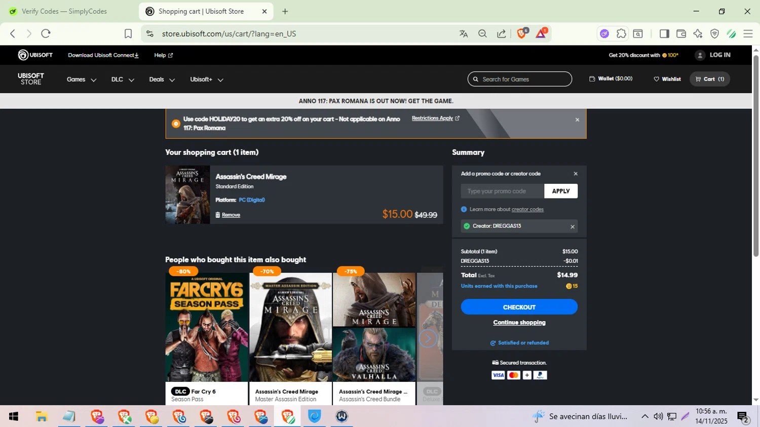 Ubisoft Store promo code screenshot showing code DREGGAS13 applied at Ubisoft Store checkout page. Uploaded by SimplyCodes community member DevianArt on Nov 14, 2025