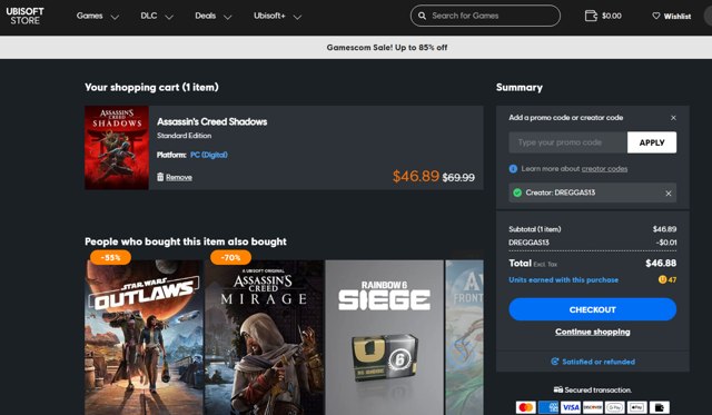Ubisoft Store checkout page showing Ubisoft Store promo code box | Screenshot taken by SimplyCodes community member on Aug 12, 2025
