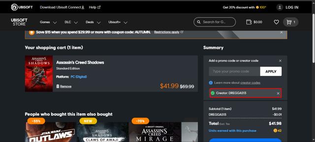 Ubisoft Store checkout page showing Ubisoft Store promo code box | Screenshot taken by SimplyCodes community member on Sep 22, 2025