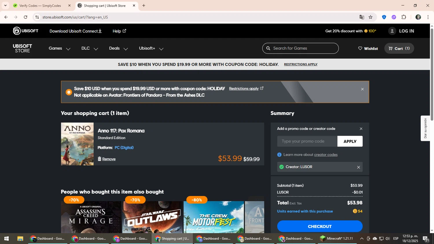 Ubisoft Store promo code screenshot showing code LUSOR applied at Ubisoft Store checkout page. Uploaded by SimplyCodes community member CleverLynx6871 on Dec 18, 2025