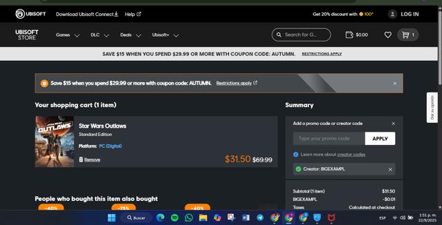 Ubisoft Store checkout page showing Ubisoft Store promo code box | Screenshot taken by SimplyCodes community member on Sep 22, 2025