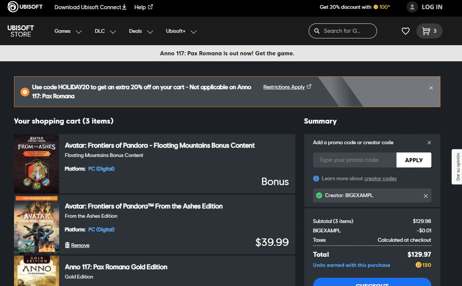 Ubisoft Store promo code screenshot showing code BIGEXAMPL applied at Ubisoft Store checkout page. Uploaded by SimplyCodes community member QuestNavigator1687 on Nov 14, 2025
