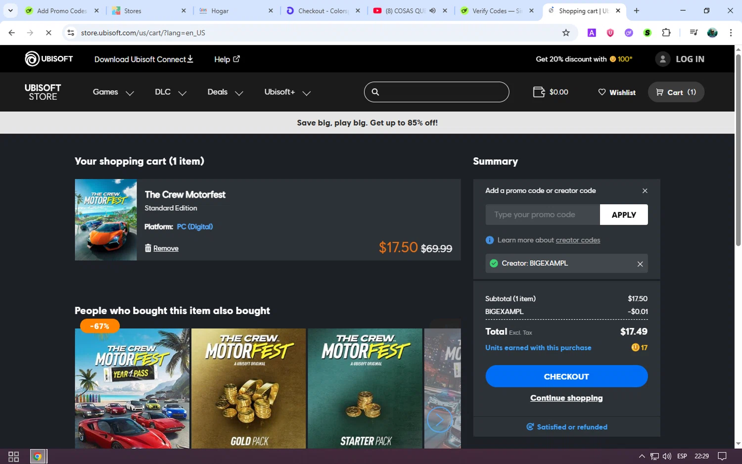 Ubisoft Store promo code screenshot showing code BIGEXAMPL applied at Ubisoft Store checkout page. Uploaded by SimplyCodes community member neurioandrades on Oct 18, 2025