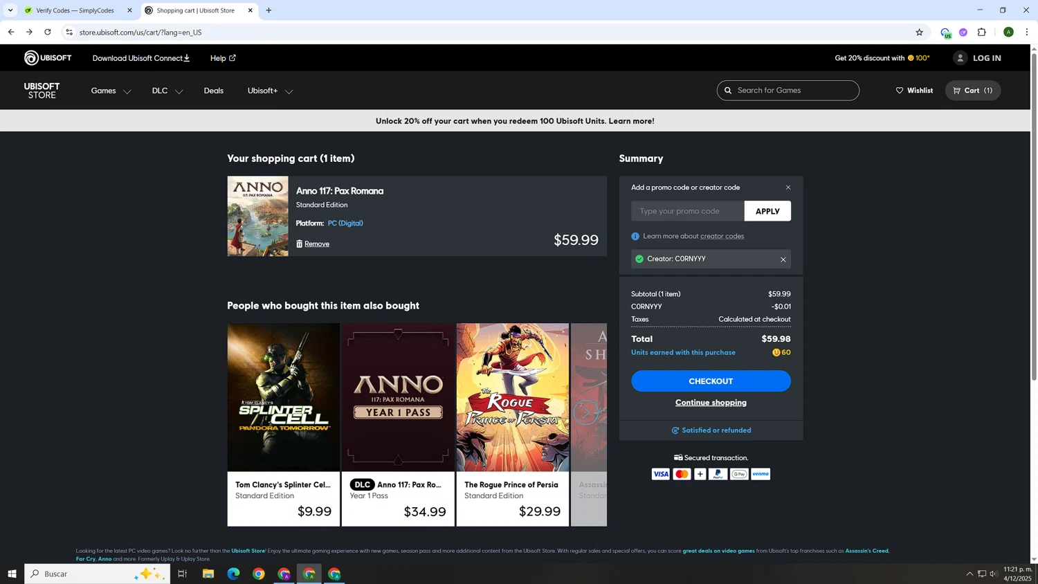 Ubisoft Store promo code screenshot showing code C0RNYYY applied at Ubisoft Store checkout page. Uploaded by SimplyCodes community member AnthonyGTX on Dec 5, 2025