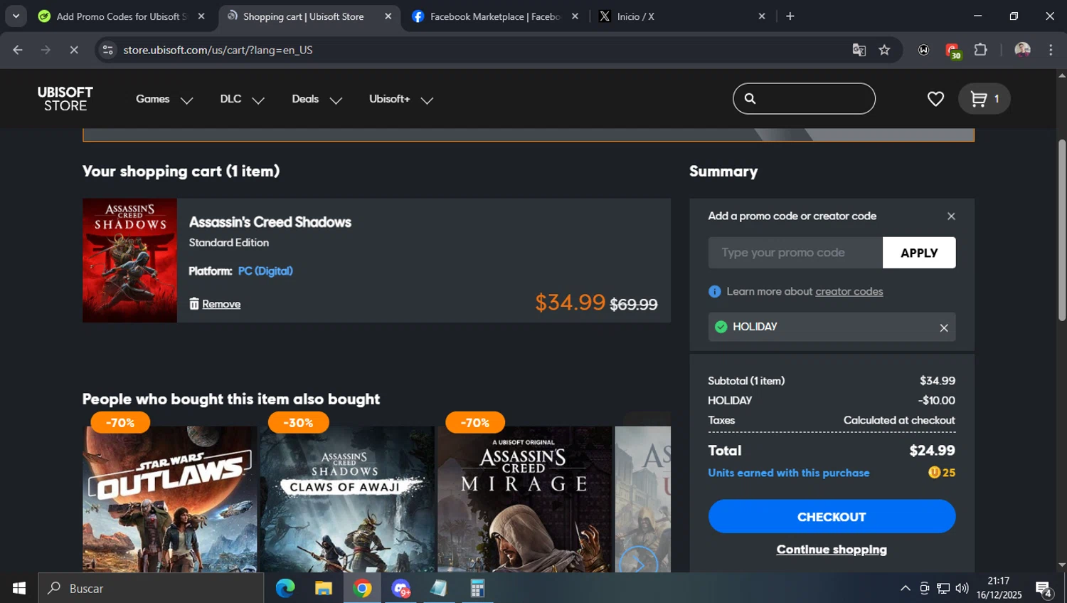 Ubisoft Store promo code screenshot showing code HOLIDAY applied at Ubisoft Store checkout page. Uploaded by SimplyCodes community member josegarcia6 on Dec 17, 2025